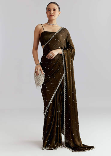 Mehendi Green Chinon Saree With Heavy Hand Embroidery