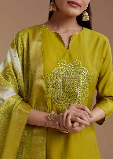 Mehendi Green Cotton Silk Kurta Set with Foil Mirror