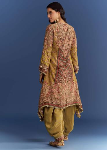 Mehendi Green Crepe Asymmetrical Printed Kurta With Striped Printed Dhoti