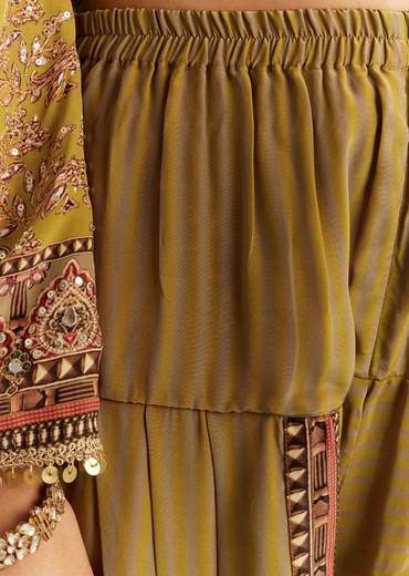 Mehendi Green Crepe Asymmetrical Printed Kurta With Striped Printed Dhoti