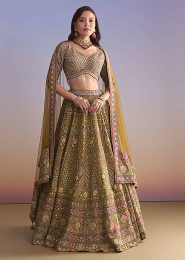 Mehendi Green Crepe Printed Bridesmaid Lehenga With Mirror And Sequin Work