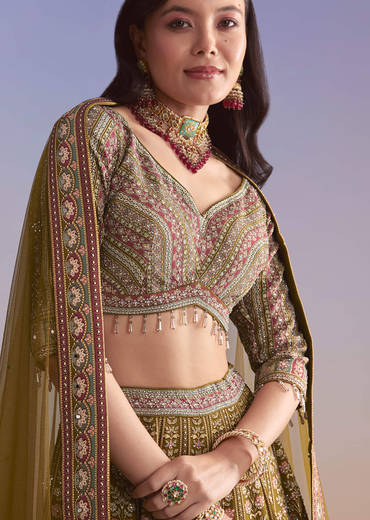 Mehendi Green Crepe Printed Bridesmaid Lehenga With Mirror And Sequin Work