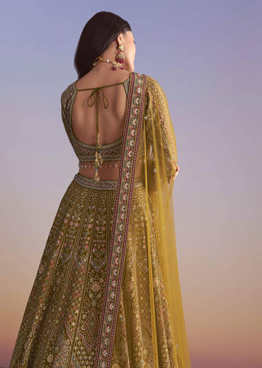 Mehendi Green Crepe Printed Bridesmaid Lehenga With Mirror And Sequin Work