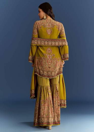 Mehendi Green Crepe Printed Kurta With Printed Sharara And Chinon Dupatta