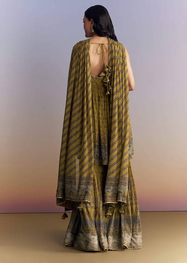 Mehendi Green Crepe Sharara Suit With Indie Print And Stone Work