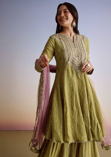 Mehendi Green Crush Tissue Sharara Suit With Zari Sequins