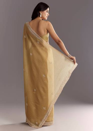 Mehendi Green Crushed Tissue Saree With Cutwork Embroidered Border