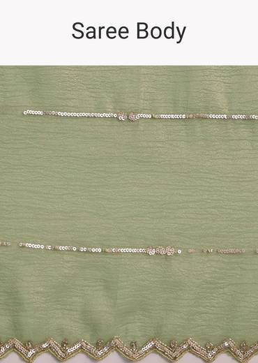 Mehendi Green Crushed Tissue Saree With Embroidered Scallop Border