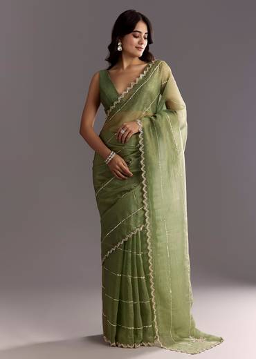Mehendi Green Crushed Tissue Saree With Embroidered Scallop Border