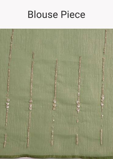 Mehendi Green Crushed Tissue Saree With Embroidered Scallop Border