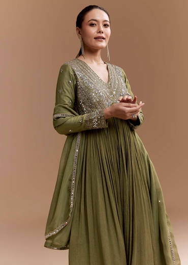 Mehendi Green Mirror Work Anarkali with Dupatta