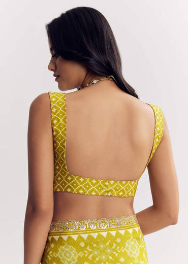 Mehendi Green Muslin Ajrakh Printed Saree With Gota And Mirror Work