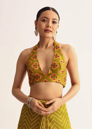 Mehendi Green Patola Printed Satin Saree With Scallop Embroidered Border