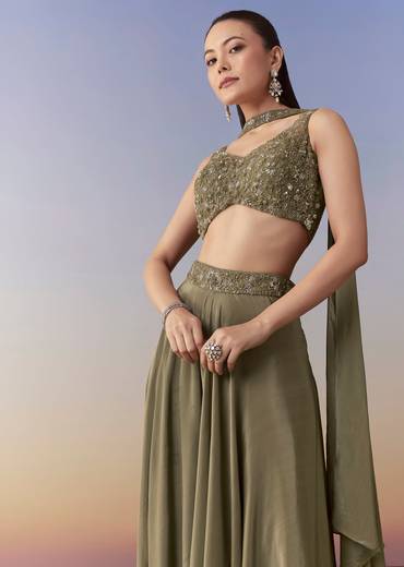 Mehendi Green Sequin Indo Western Crop Top Palazzo Set