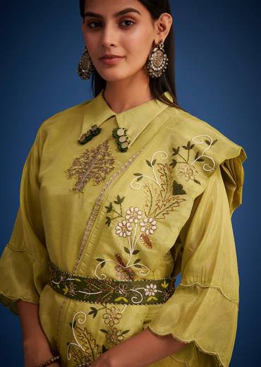 Mehendi Green Tissue Embroidered Dhoti Set