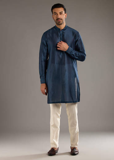 Midnight Blue Chanderi Linen Kurta Jacket Set For Men With Dori Work