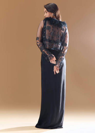 Midnight Blue Feather Embellished Crop Top Skirt Set with Jacket