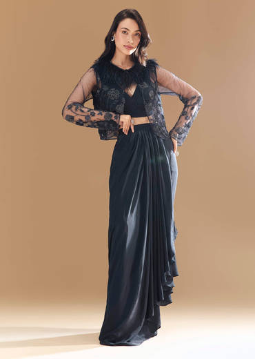 Midnight Blue Feather Embellished Crop Top Skirt Set with Jacket