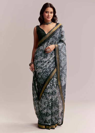 Midnight Blue Linen Printed Saree With Hand Dyed Shibori Print