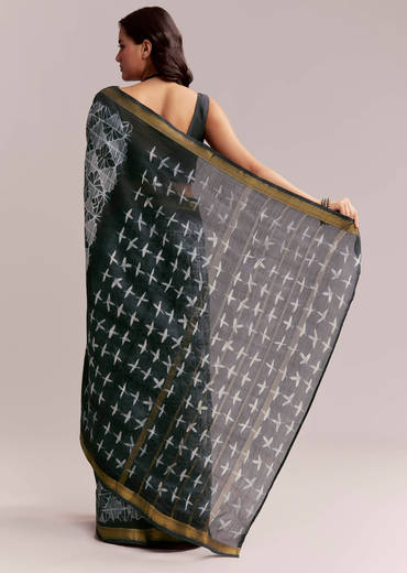 Midnight Blue Linen Printed Saree With Hand Dyed Shibori Print