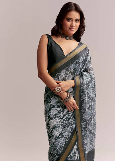 Midnight Blue Linen Printed Saree With Hand Dyed Shibori Print