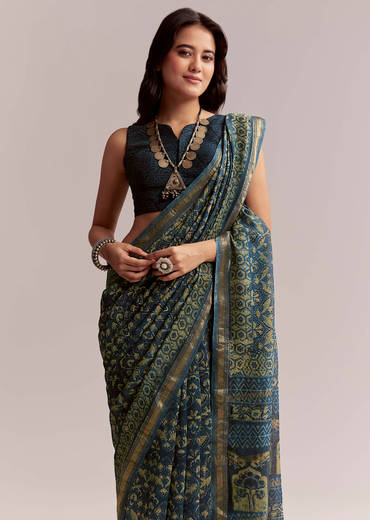 Midnight Blue Linen Printed Saree With Traditional Ajrakh Print