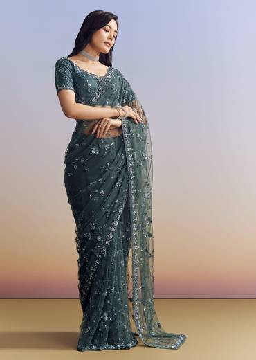 Midnight Blue Net Saree With Floral Jaal And Statement Embroidery