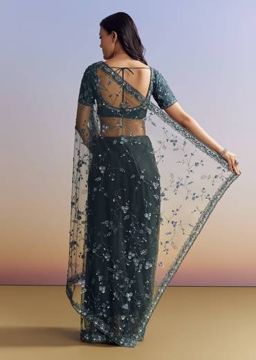 Midnight Blue Net Saree With Floral Jaal And Statement Embroidery