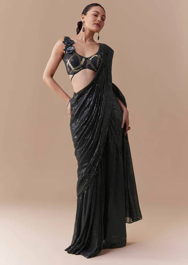 Midnight Blue Pre Pleated Saree with Sequins Blouse
