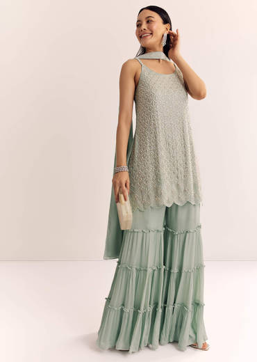 Mint Green Chinon Kurta Set With Cutdana Moti And Choker Dupatta