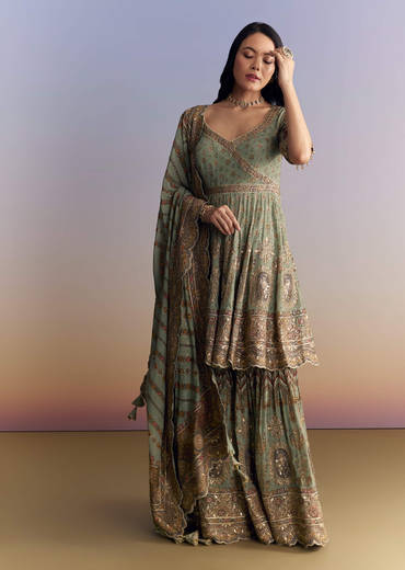 Mint Green Crepe Sharara Suit With Indie Print And Stone Work