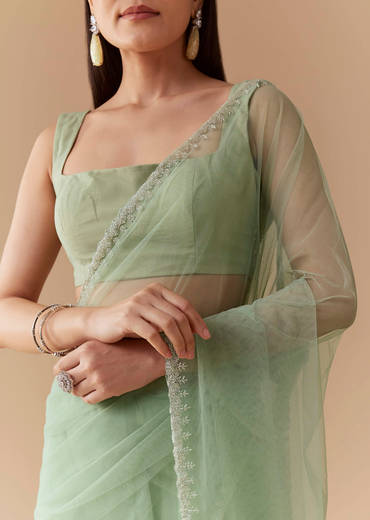 Mint Green Cutwork Embellished Saree with Unstitched Blouse