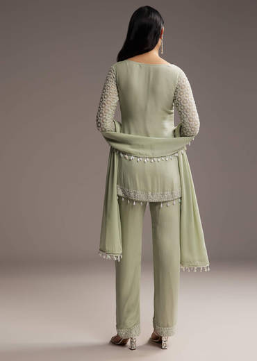 Mint Green Georgette Kurta Set With Beads Work