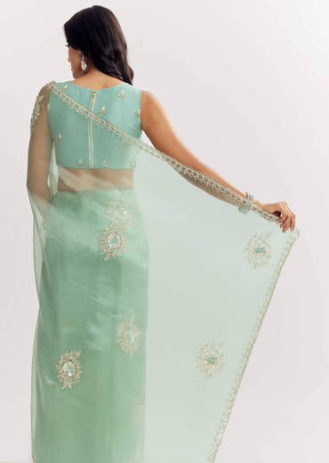 Mint Green Glass Tissue Saree With Cutdana And Sequins Embroidery