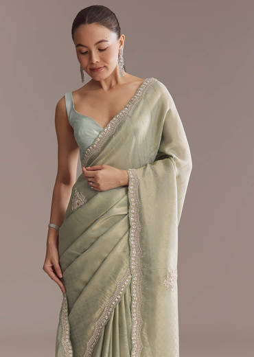Mint Green Jacquard Saree With Cutdana And Sequin Embroidery