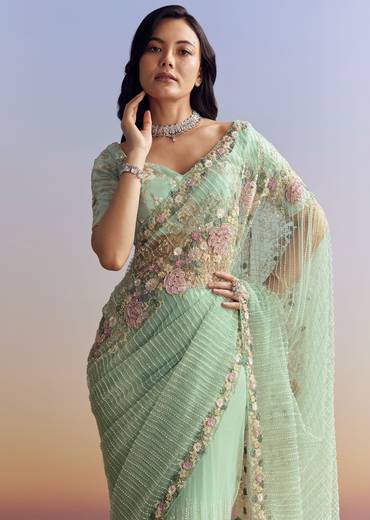 Mint Green Net Saree With Heavily Embroidered Border