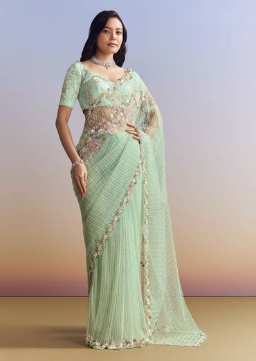Mint Green Net Saree With Heavily Embroidered Border
