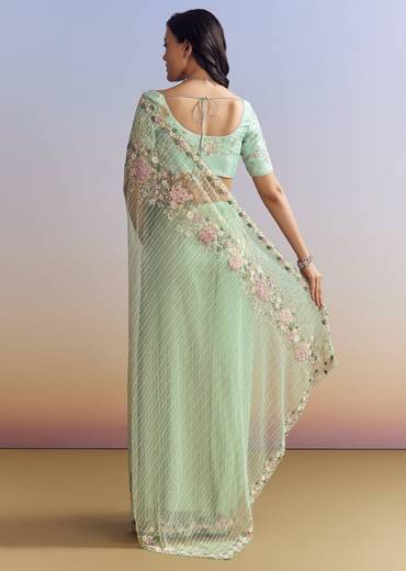 Mint Green Net Saree With Heavily Embroidered Border