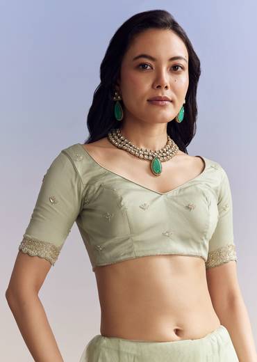 Mint Green Net Saree With Scallop Border And Heavy Embroidery