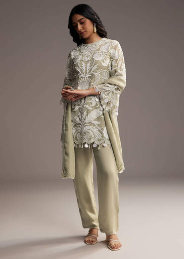 Mint Green Organza Kurta Set With Thread And Moti Work