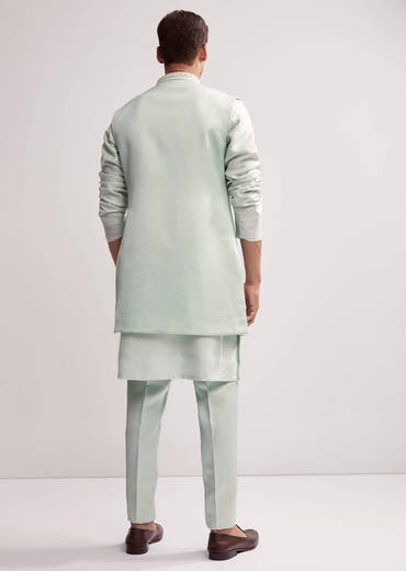 Mint Green Satin Blend Kurta Jacket Set For Men With Zardosi Work