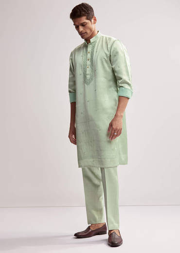 Mint Green Satin Blend Kurta Set For Men With Zardosi Embroidery