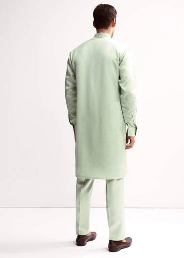 Mint Green Satin Blend Kurta Set For Men With Zardosi Embroidery