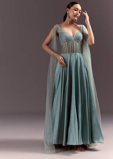 Mint Green Satin Gown With Corset Style Embroidered Bodice