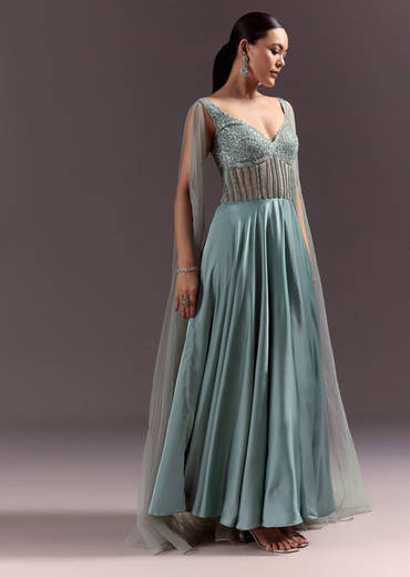 Mint Green Satin Gown With Corset Style Embroidered Bodice