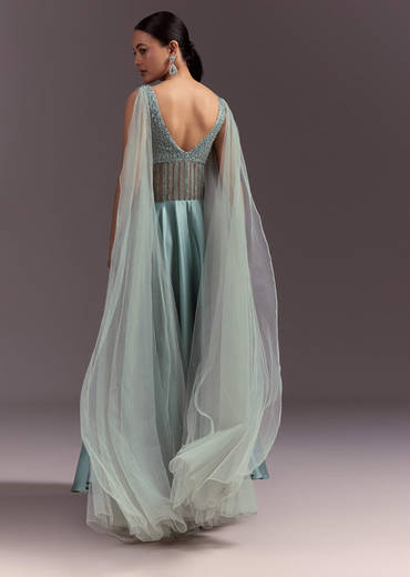 Mint Green Satin Gown With Corset Style Embroidered Bodice
