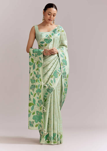 Mint Green Satin Printed Saree With Digital Florals