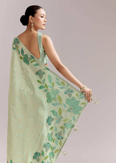 Mint Green Satin Printed Saree With Digital Florals