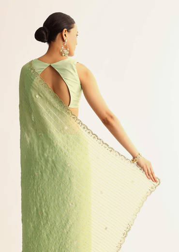 Mint Green Scallop Bordered Saree With Foil Printed Stripes