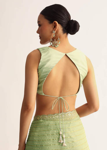 Mint Green Scallop Bordered Saree With Foil Printed Stripes